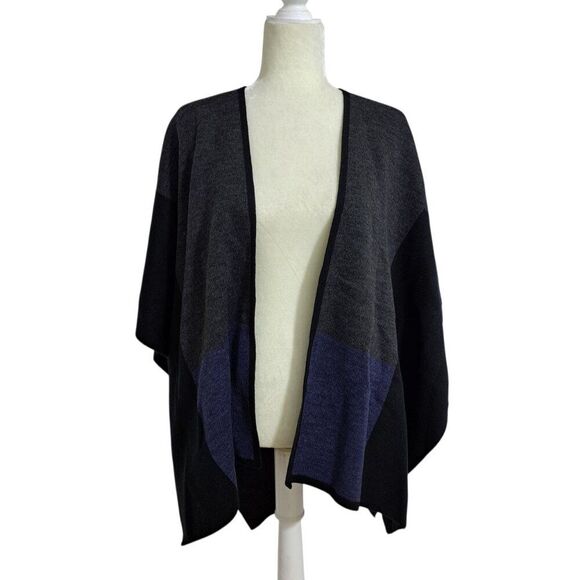 Lord & Taylor Women's Color Block Charcoal Blue Open Boho Office Knit Poncho OS - Picture 5 of 7